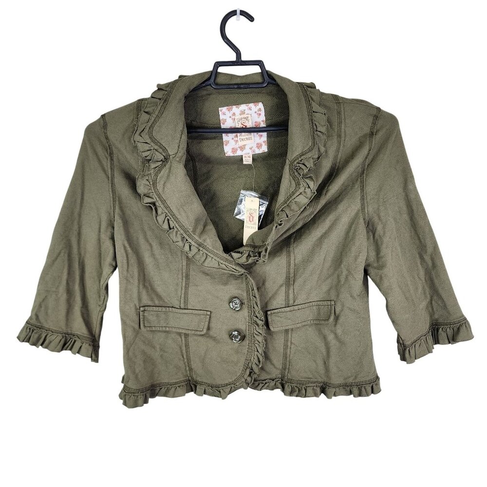 Womens Olive Green Decree Ruffle Blazer Jacket 3/4 Sleeves 100% Cotton Size XL